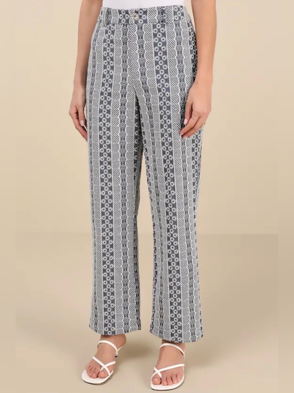 Like New! Lulus Sunnier Scenes Blue and Ivory Embroidered High-Rise Pants